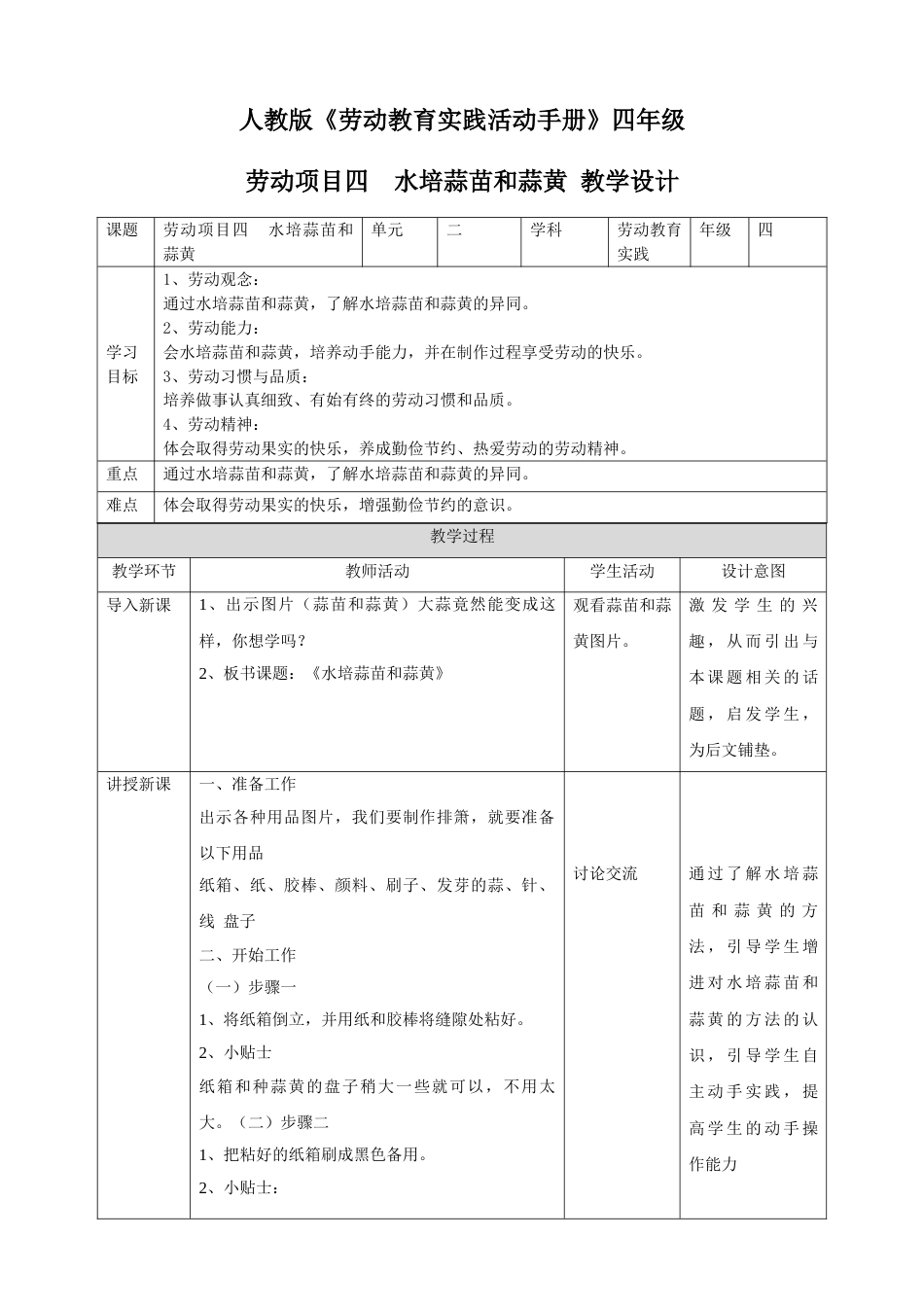 【核心素养目标】人教版《劳动教育》四下 劳动项目四《水培蒜苗蒜黄》教学设计.doc_第1页