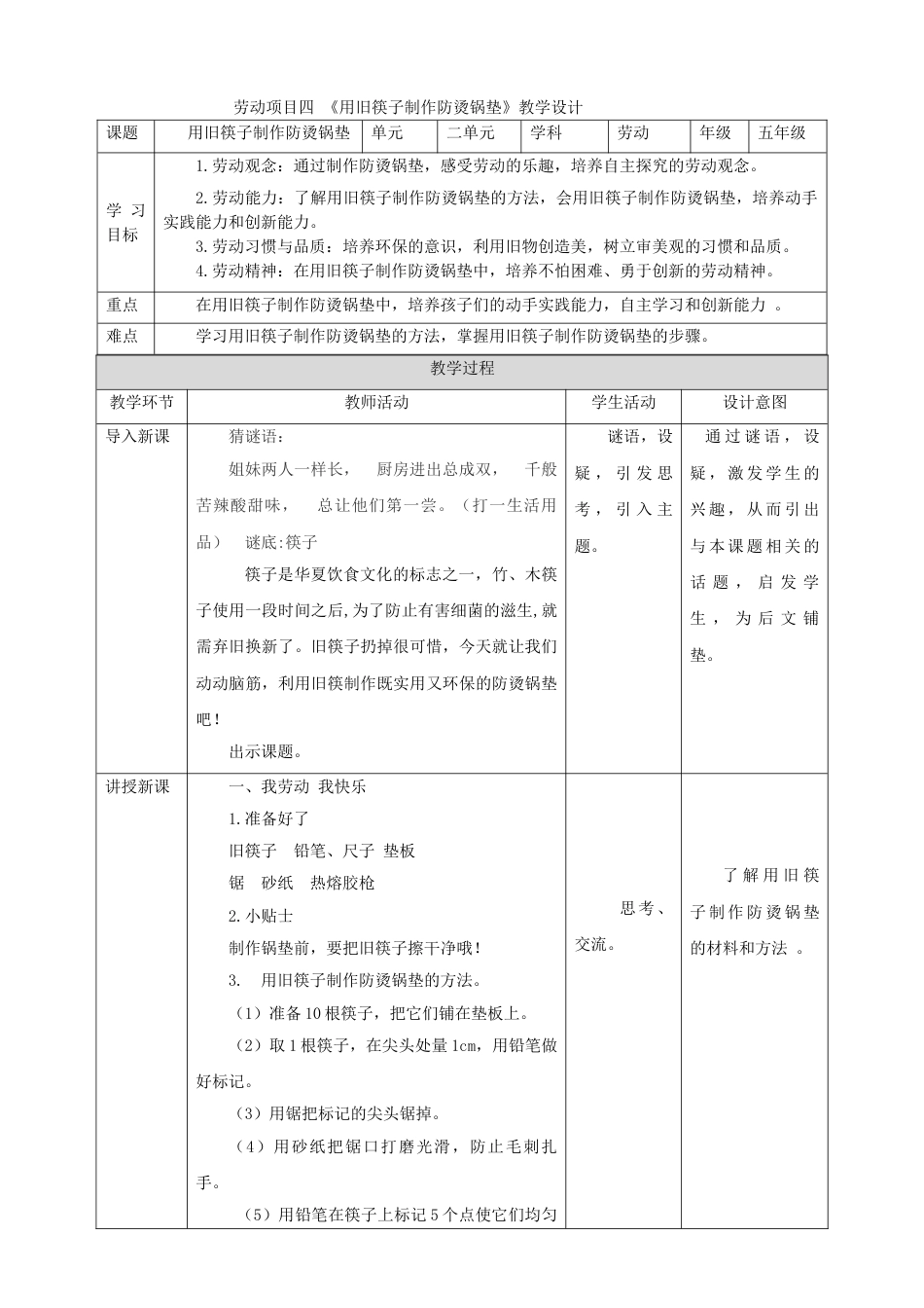 【核心素养目标】人教版《劳动教育》5下 劳动项目四《用旧筷子制作防烫锅垫》教案.doc_第1页