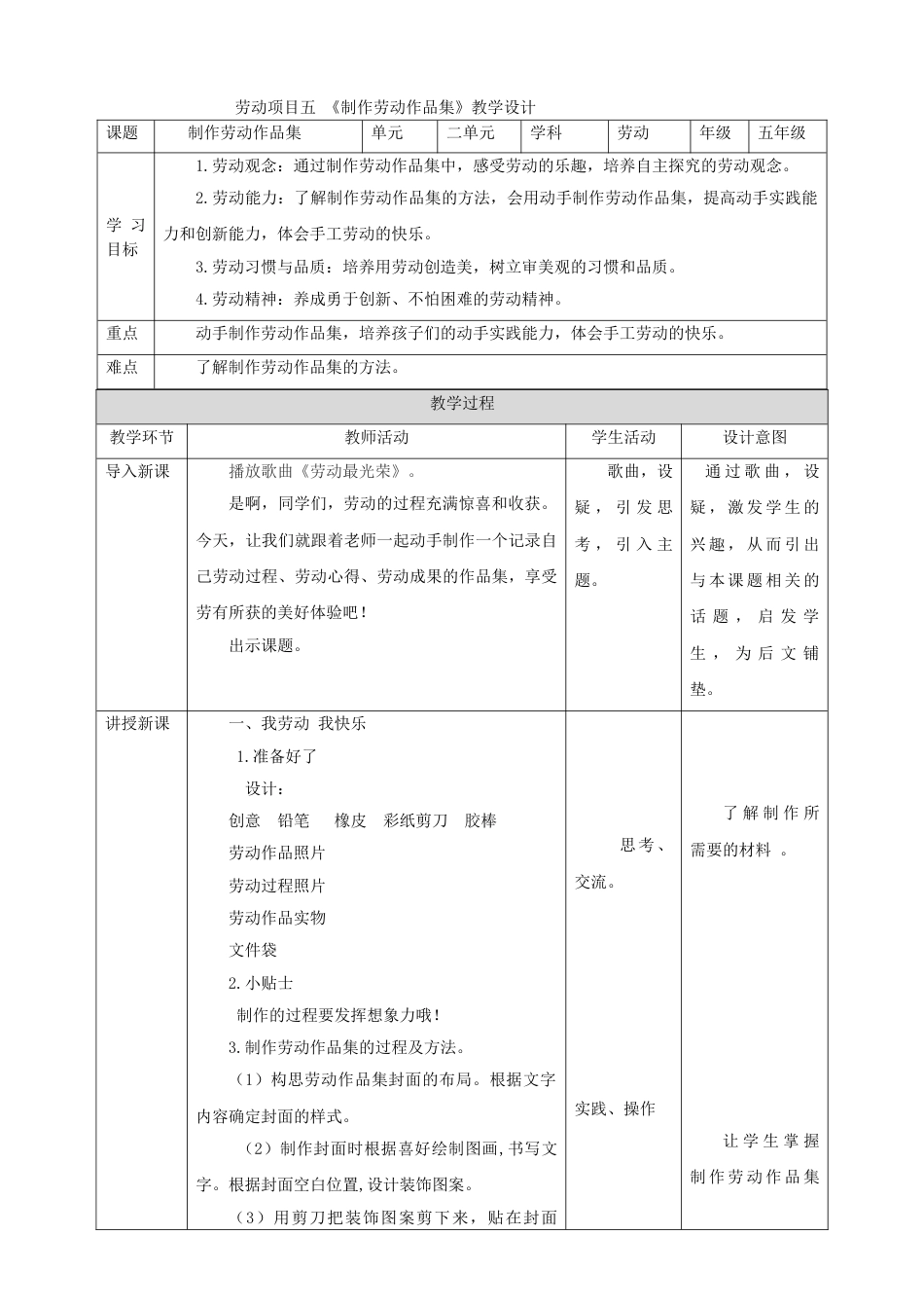 【核心素养目标】人教版《劳动教育》5下 劳动项目五《制作劳动作品集》教案.doc_第1页
