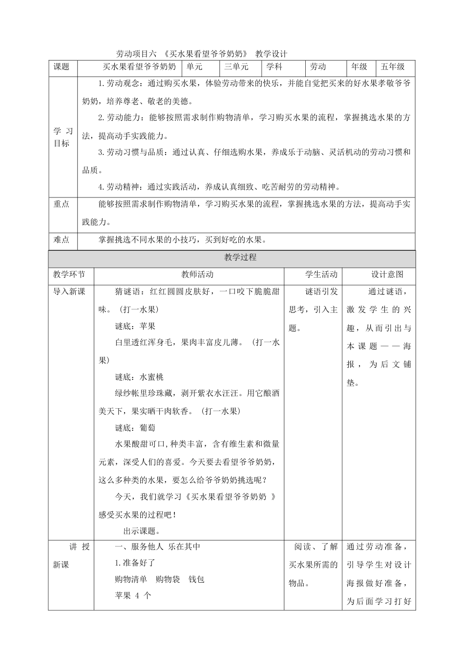 【核心素养目标】人教版《劳动教育》五上 劳动项目六《买水果看望爷爷奶奶》教案.doc_第1页