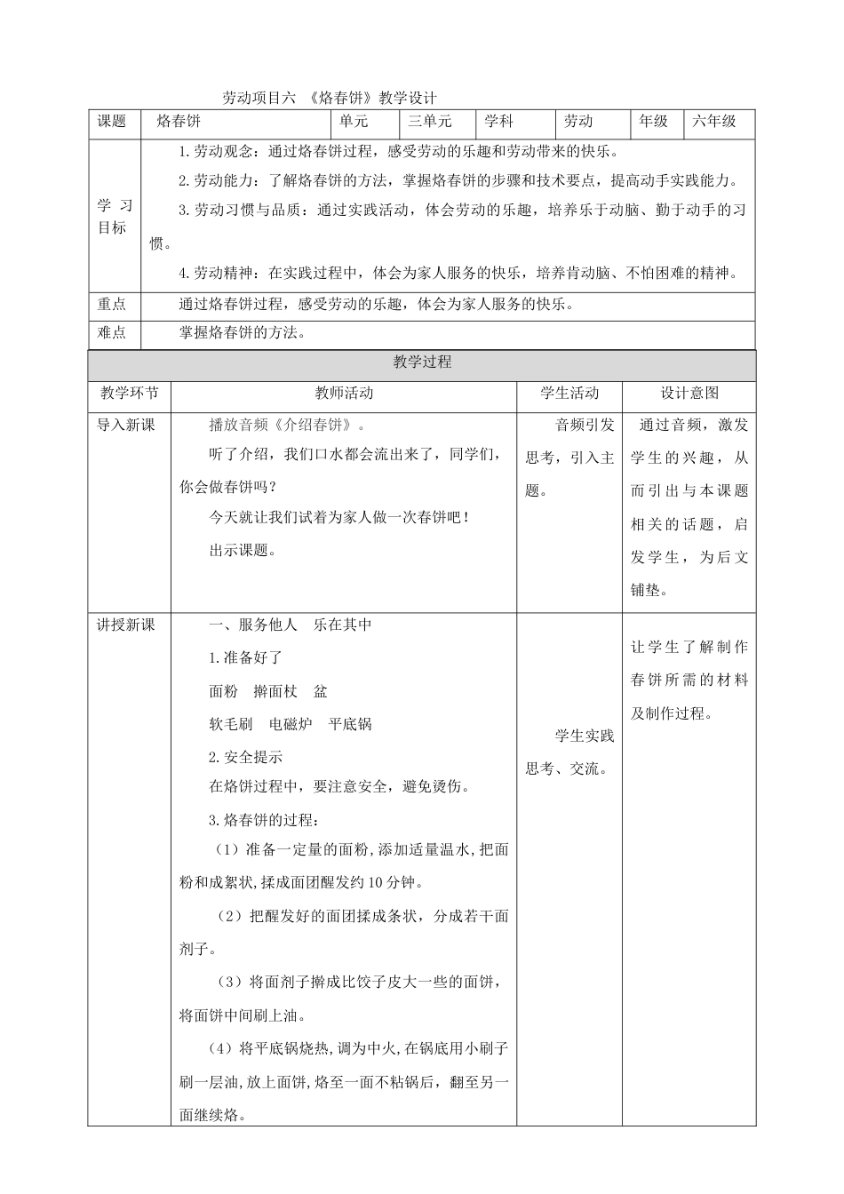 【核心素养目标】人教版《劳动教育》6下 劳动项目六 《烙春饼》教案.doc_第1页