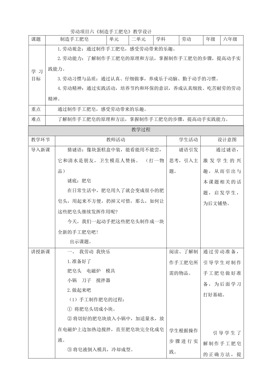 【核心素养目标】人教版《劳动教育》六上 劳动项目六《制造手工肥皂》教案.doc_第1页