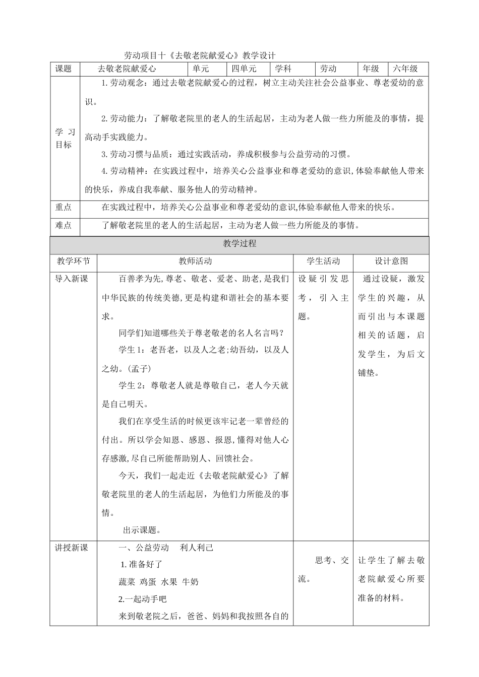 【核心素养目标】人教版《劳动教育》六下 劳动项目十《去敬老院献爱心》教案.doc_第1页