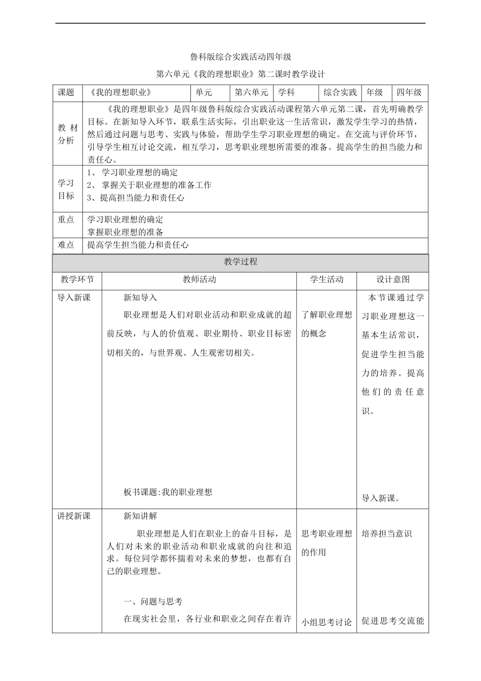 【鲁科版】《综合实践活动》四上第十七课 我的理想职业.docx_第1页