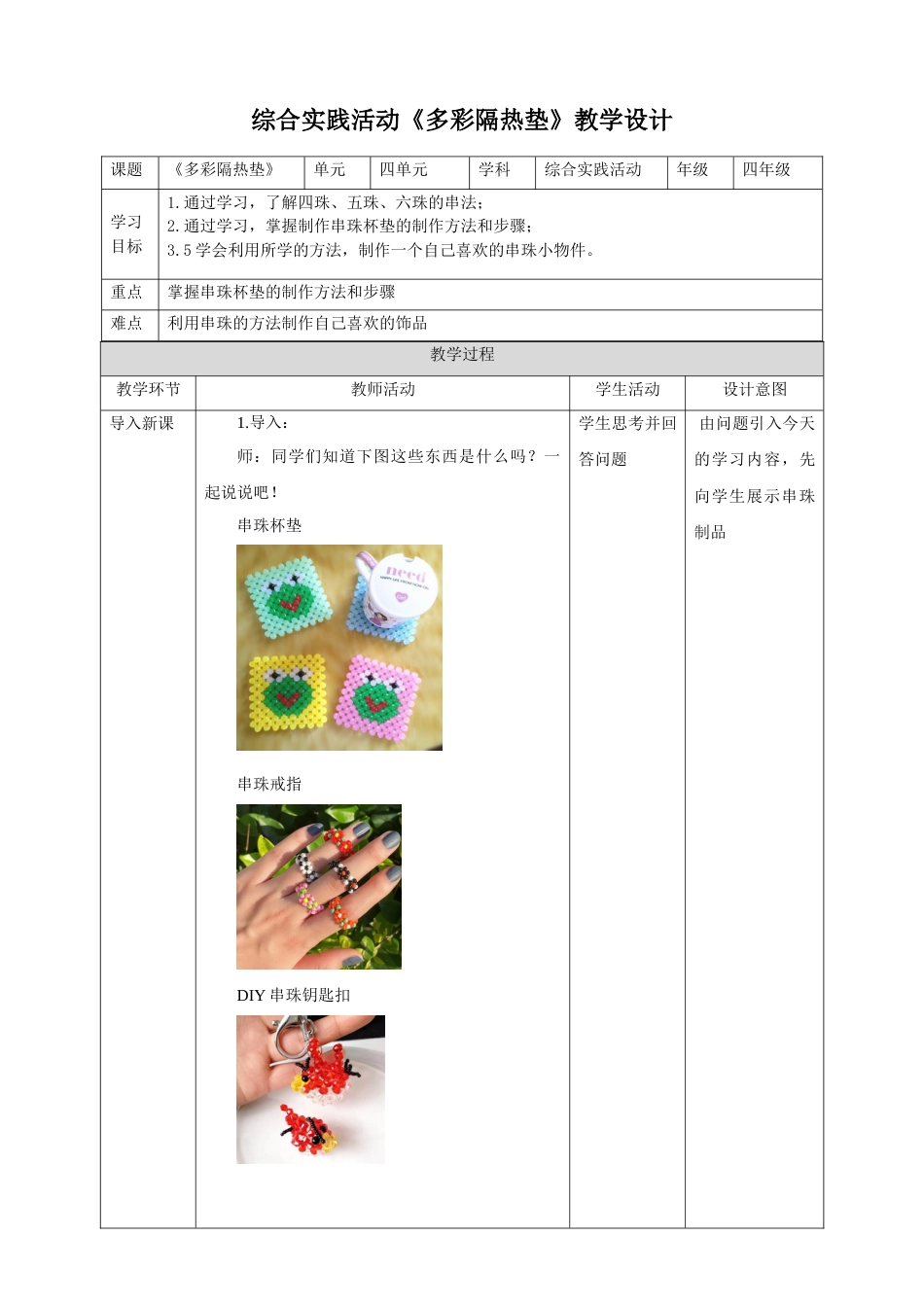 【鲁科版】《综合实践活动》四下4.1《多彩隔热垫》教案.doc_第1页