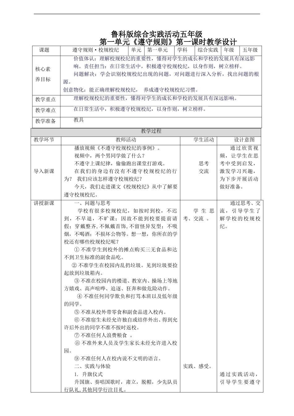 【鲁科版】《综合实践活动》五下 1.2《遵守规则·家风家规》教案.doc_第1页
