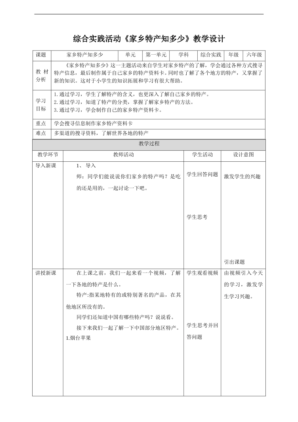 【鲁科版】《综合实践活动》六上2.1《家乡特产知多少》教案材.doc_第1页