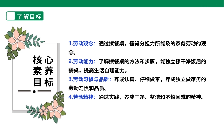 【核心素养目标】人教版《劳动教育》一上   第二章 家务劳动 小帮手 劳动项目五 《擦餐桌》课件.pptx_第2页