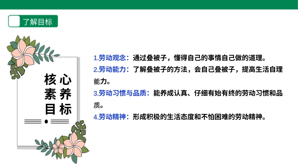 【人教版】《劳动教育实践活动手册》1⁮年级下册第一章 生活自理爱劳动  劳动项目二 《叠被子》 课件.pptx_第2页
