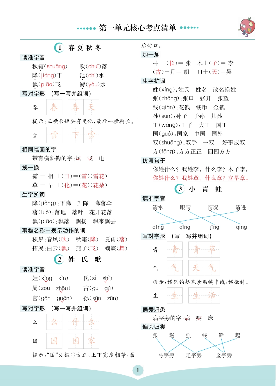 一年级语文下册第一单元核心考点清单.pdf_第1页