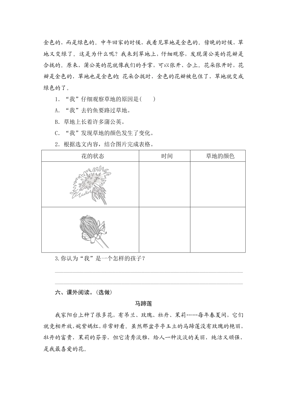 人教部编版三年级上册16《金色的草地》课时测评方案.pdf_第2页