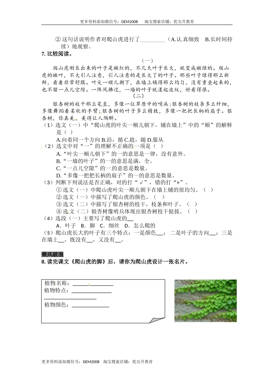 部编版四年级语文上册10 爬山虎的脚同步检测（含答案）.doc_第2页