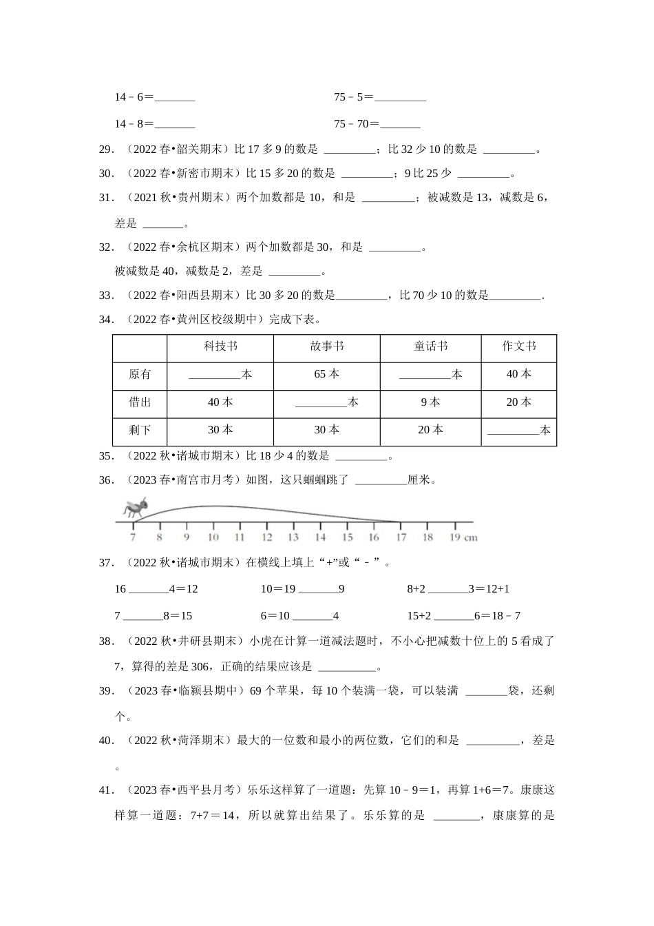 第六单元100以内的加法和减法（一）填空题一年级下册数学专项培优卷（人教版）.docx_第3页