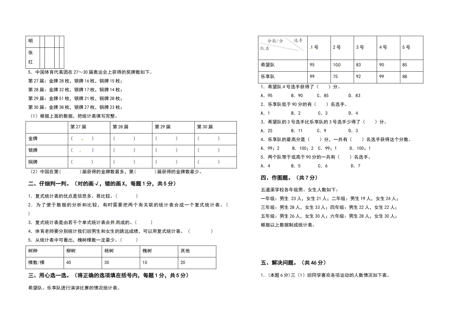 三年级数学下册第三单元复式统计表检测卷（基础卷）（含答案）人教版.docx_第2页