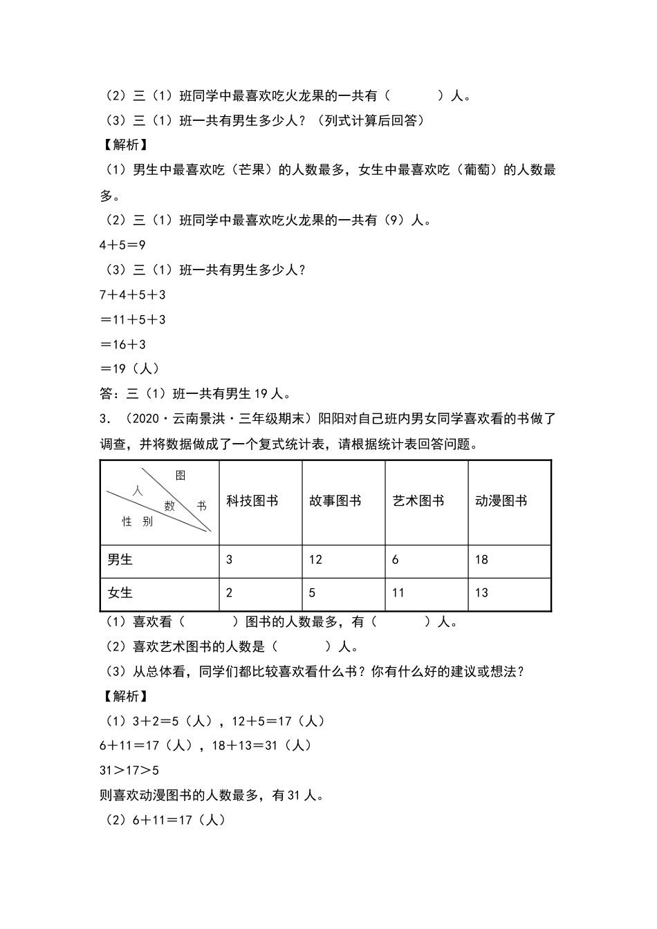 三年级数学下册典型例题系列之第三单元：复式统计表专项练习（解析版）人教版.docx_第2页