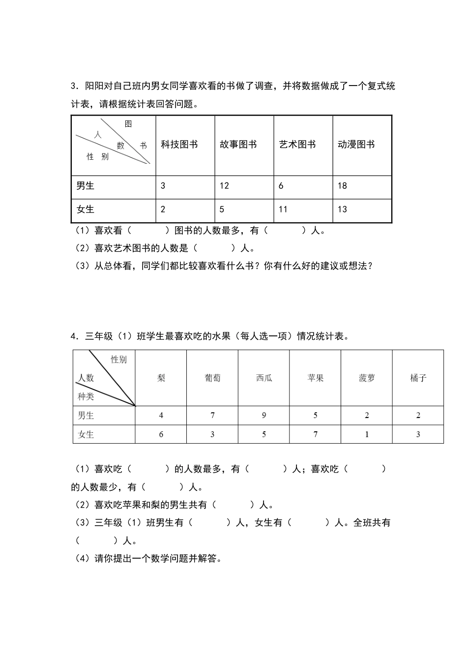 三年级数学下册典型例题系列之第三单元：复式统计表专项练习（原卷版）人教版.docx_第2页