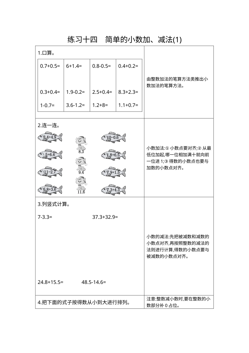三年级下册数学期末复习卷14  练习十四  简单的小数加、减法（1）.docx_第1页