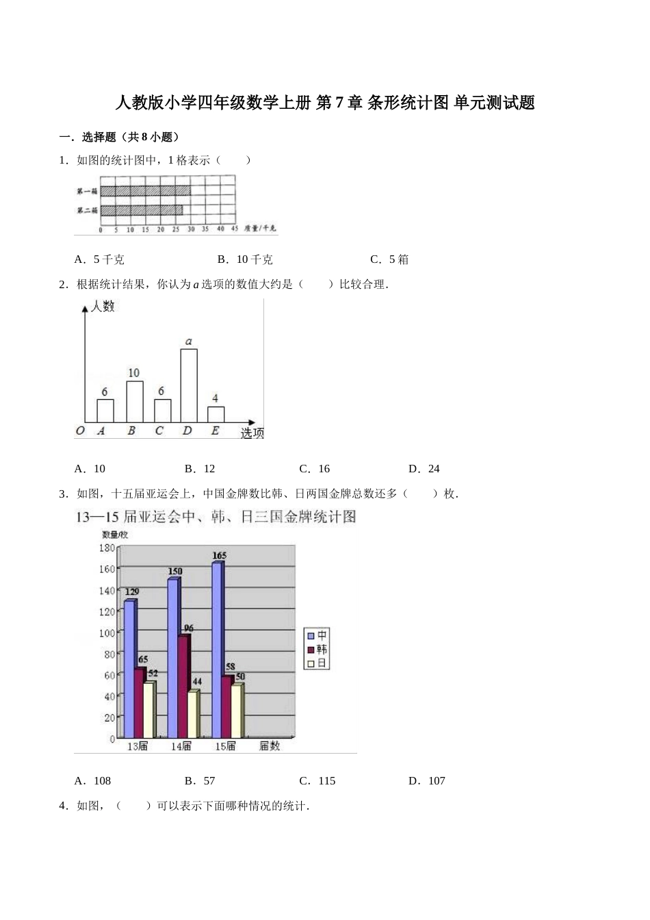 【精品】四年级数学上册单元优化检测-第7章 条形统计图   人教版（解析版）.doc_第1页