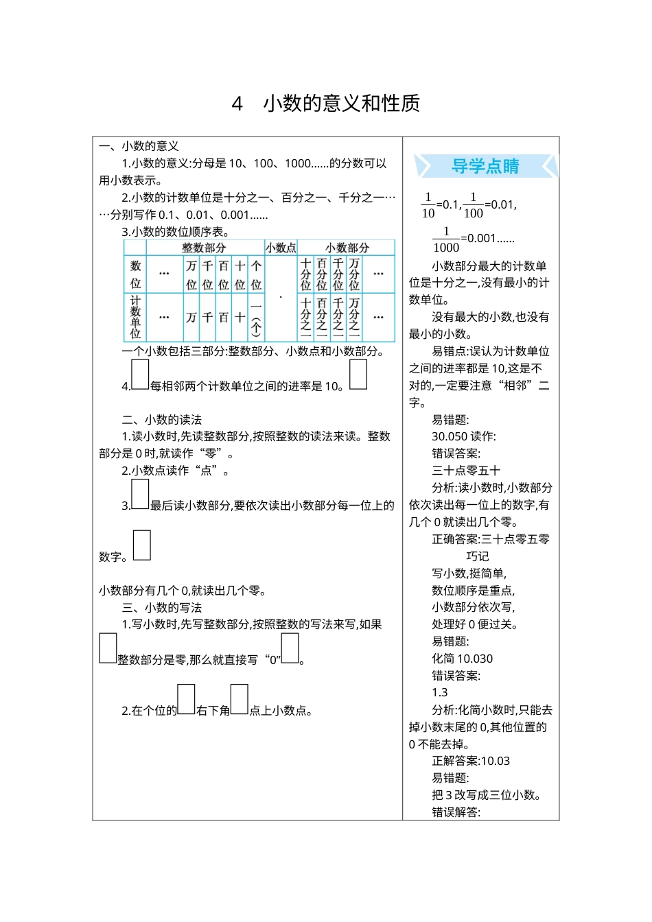 四年级下册数学期末复习卷4.小数的意义和性质.docx_第1页