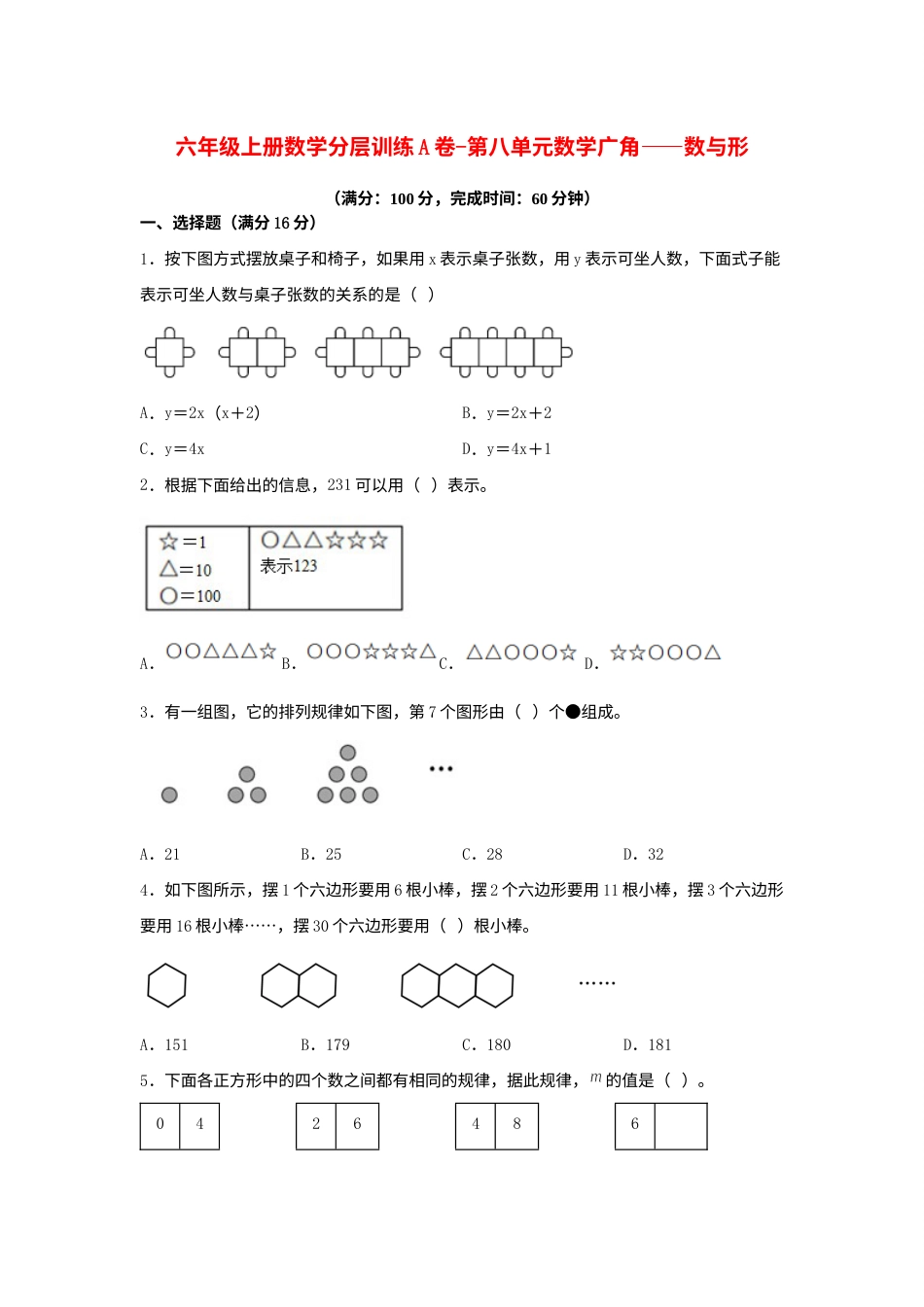 【单元AB卷】六年级上册数学分层训练A卷-第八单元 数学广角——数与形（单元测试） （人教版，含答案）.docx_第1页