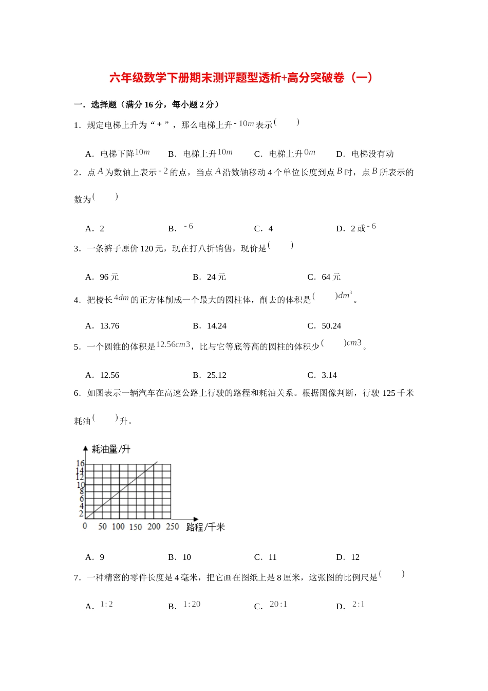 【精英突破—百分冲刺】六年级数学下册期末测评题型透析 高分突破卷（一）   人教版（含答案）.docx_第1页