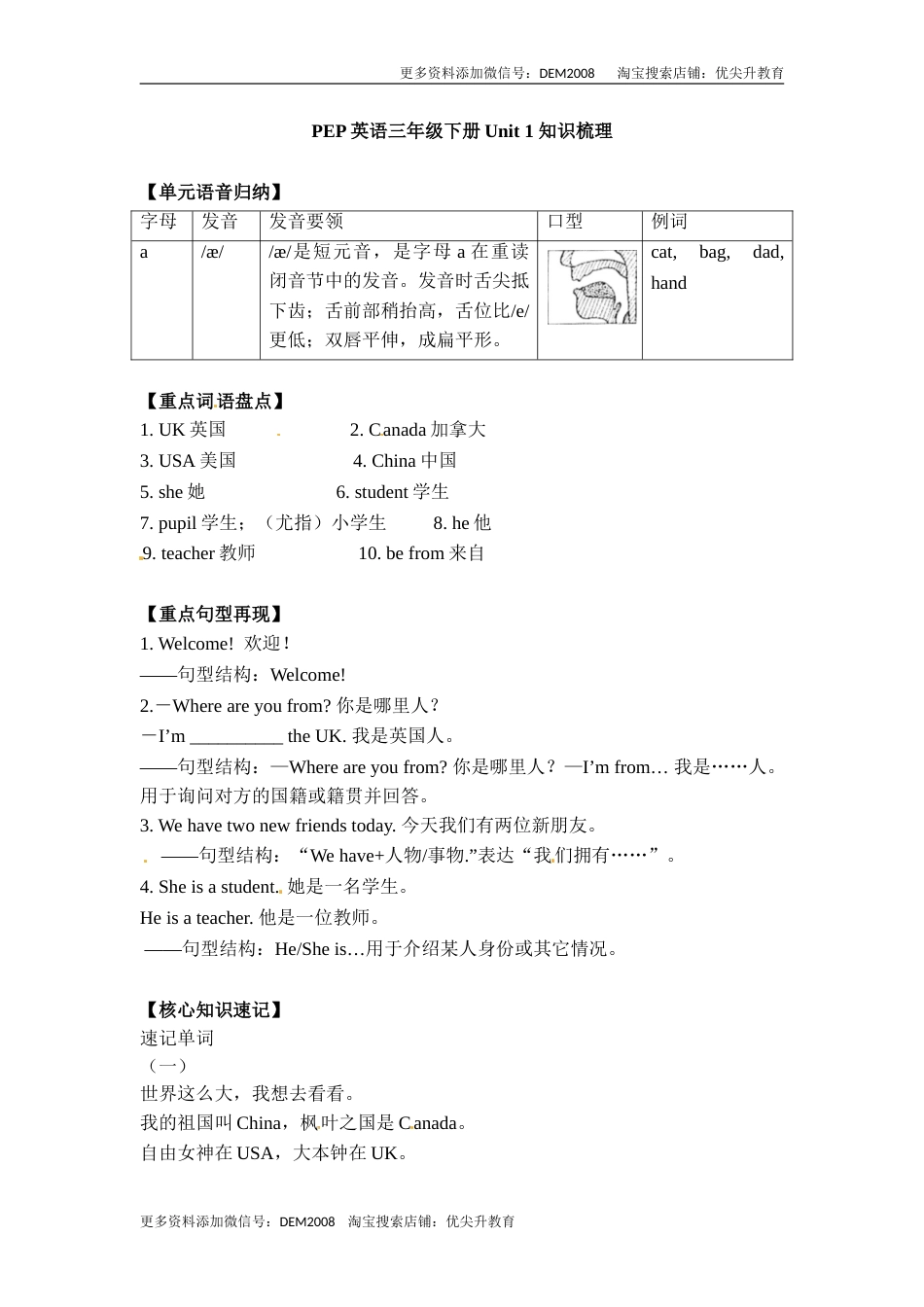 三年级下册英语单元知识梳理-Unit 1 Welcome back to school  人教PEP.doc_第1页