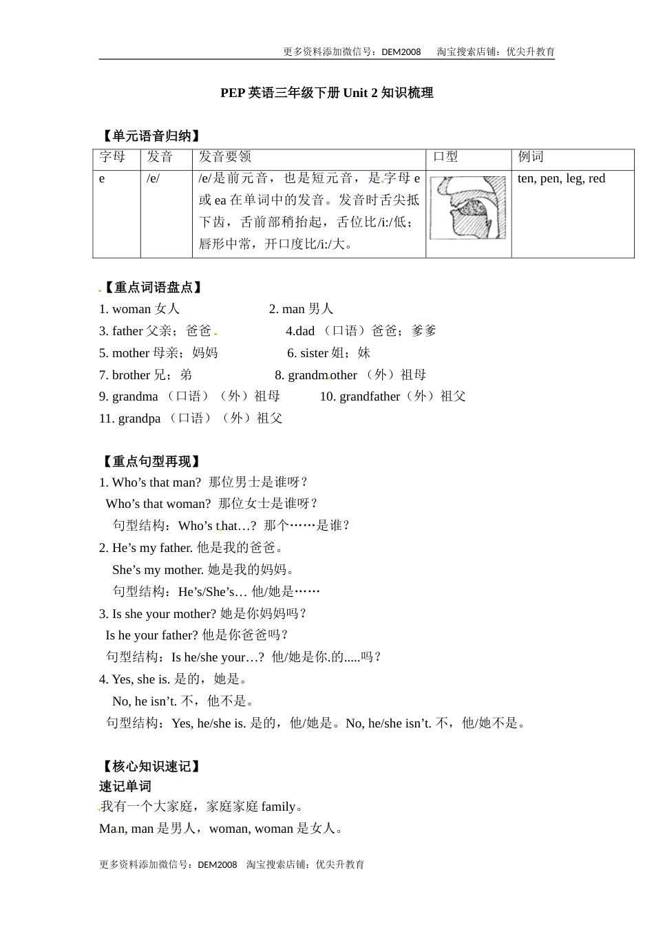 三年级下册英语单元知识梳理-Unit 2  My family 人教PEP.doc_第1页