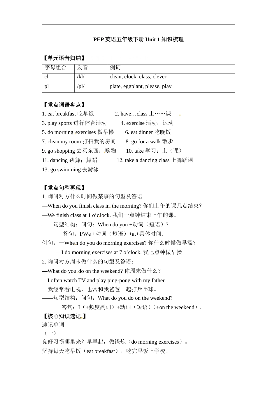 【完美】五年级下册英语单元知识梳理-Unit 1 My day 人教PEP.doc_第1页