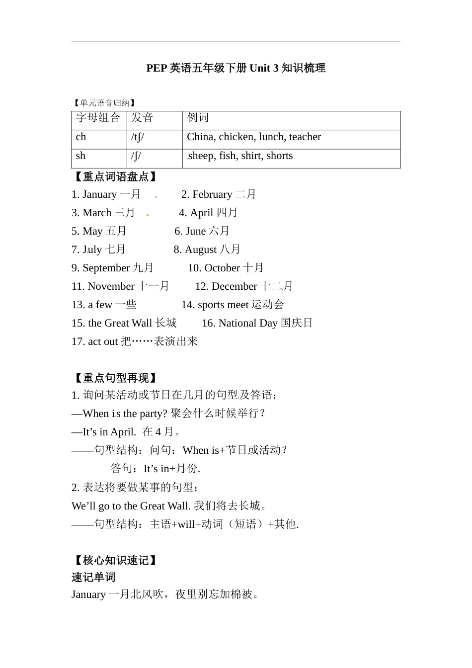 【完美】五年级下册英语单元知识梳理-Unit 3  My school calendar 人教PEP.doc_第1页