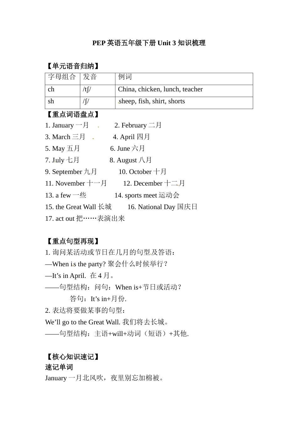 五年级下册英语单元知识梳理-Unit 3  My school calendar 人教PEP.doc_第1页