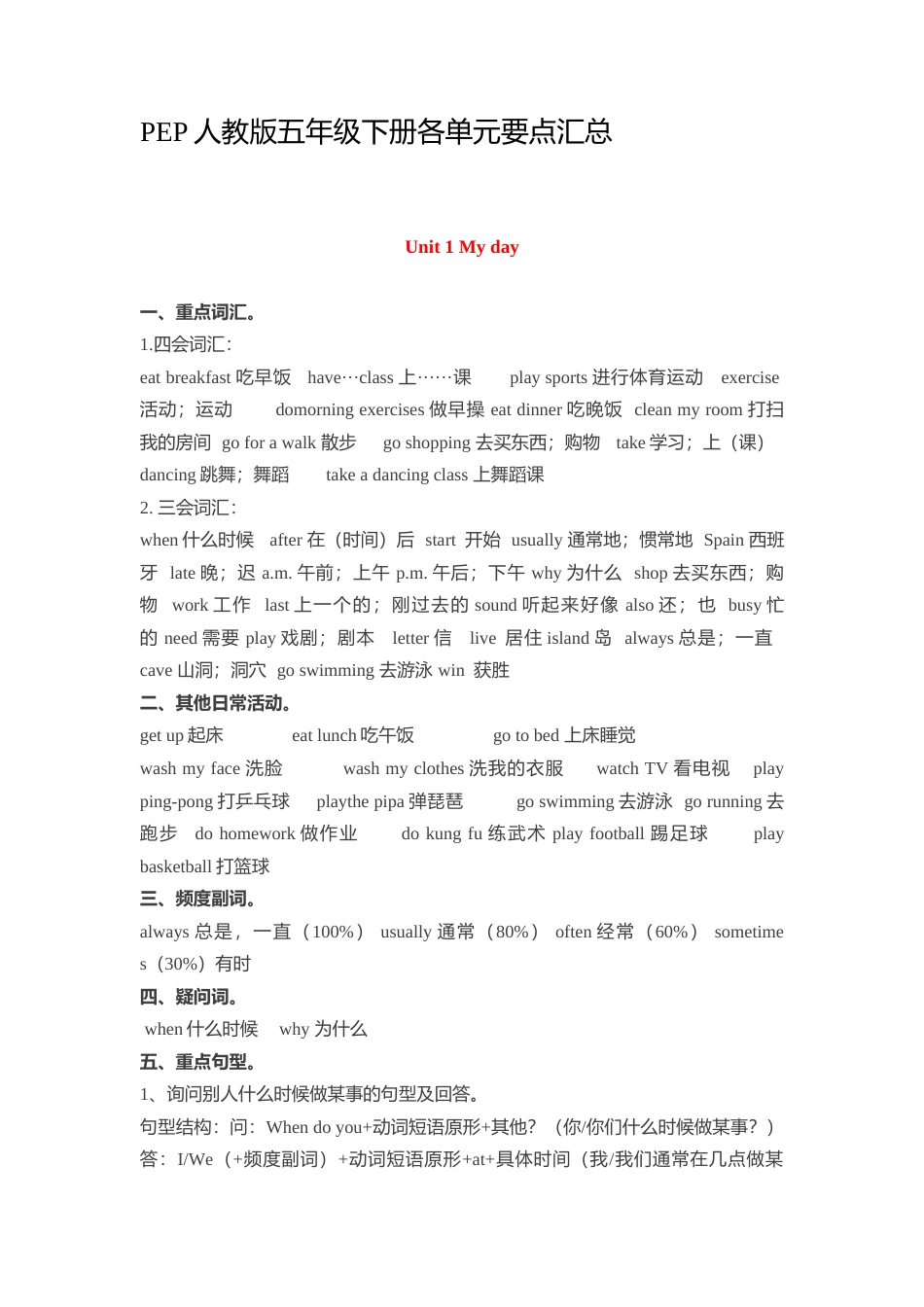 五年级下册英语素材-各单元要点汇总  人教（PEP）.docx_第1页