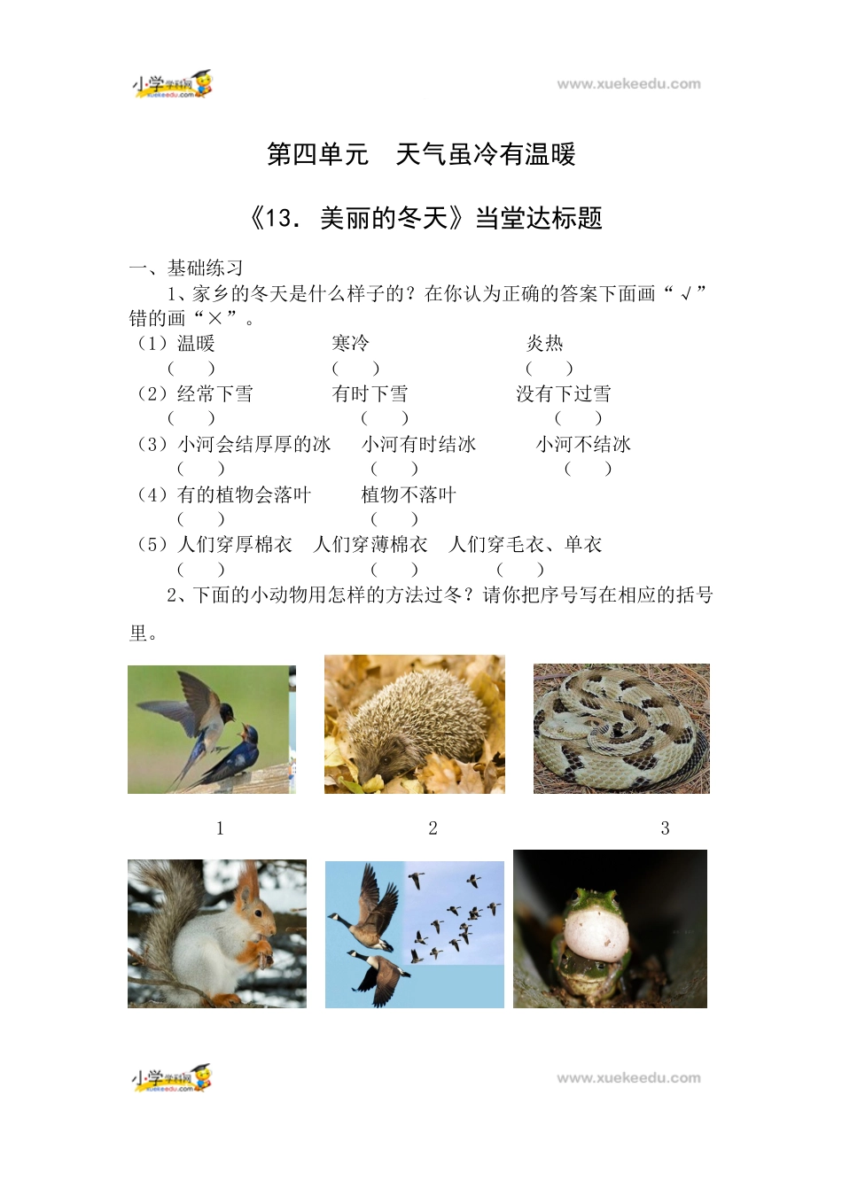 一年级上册道德与法治课堂达标题-13 美丽的冬天人教（新版）（含答案）.doc_第1页
