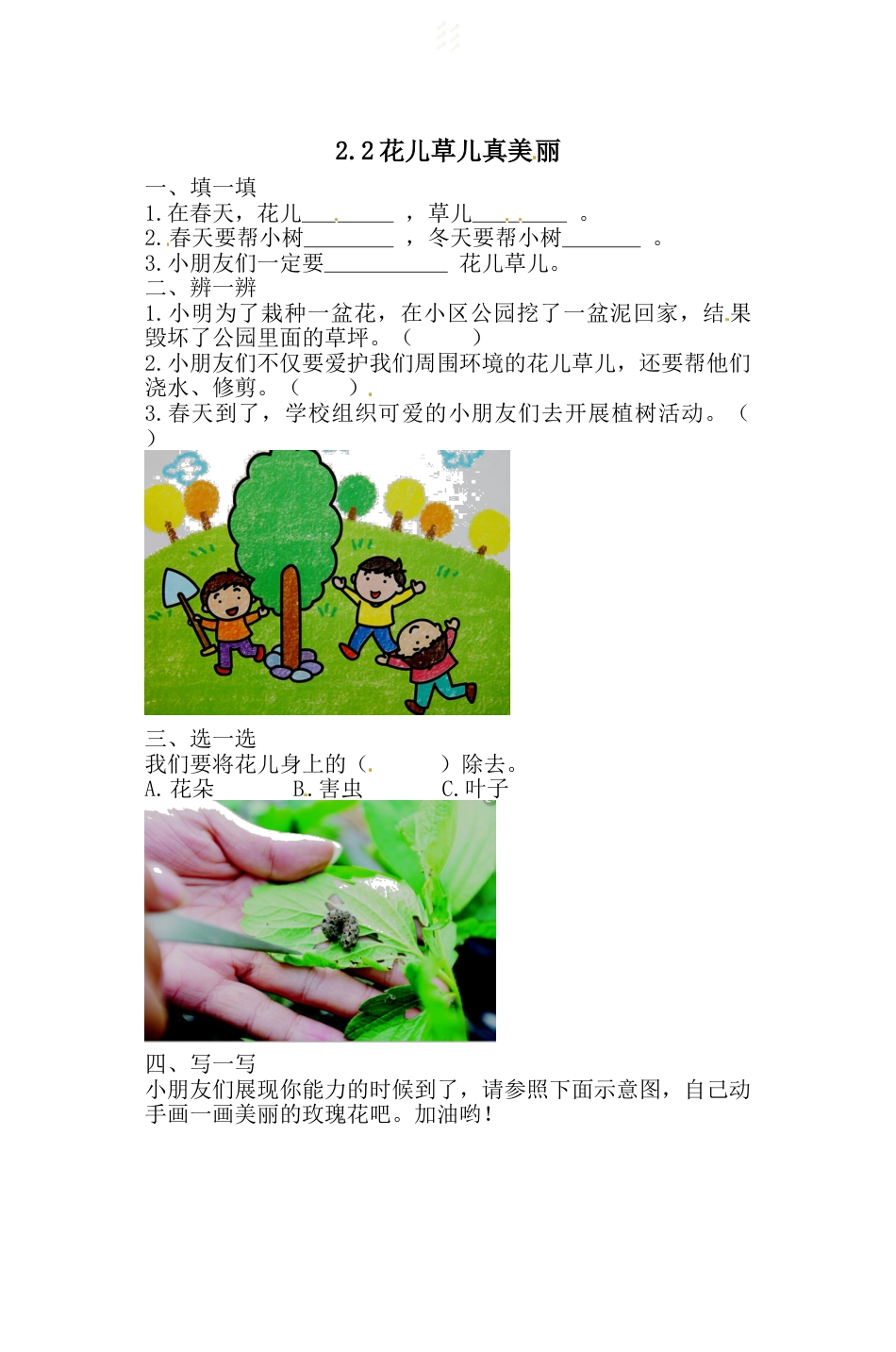 一年级下册道德与法治一课一练-2.2花儿草儿真美丽 人教部编版 （含答案）.doc_第1页