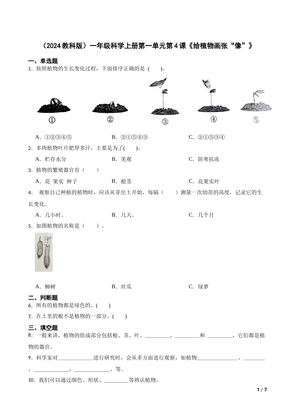 （2024）一上科学第一单元第4课《给植物画张“像”》.docx_第1页