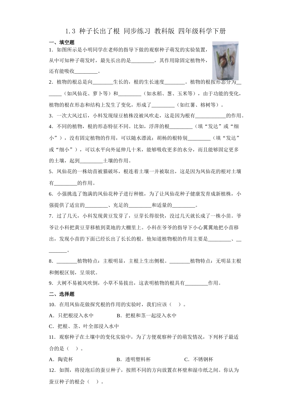 教科版 四年级上册科学-1.3 种子长出了根 同步练习（含答案）.docx_第1页