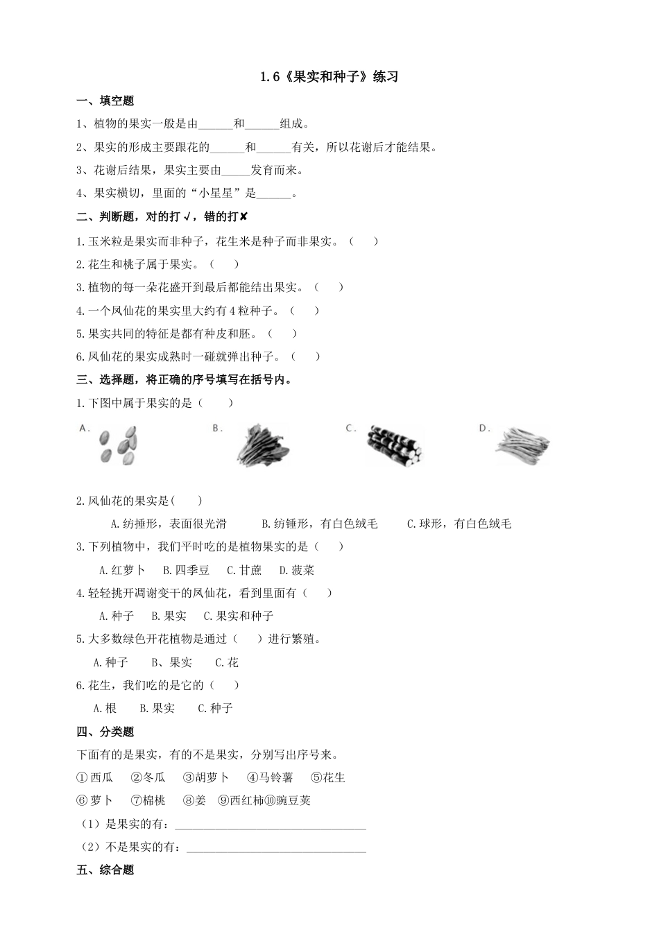 教科版 四年级上册科学-1.6《果实和种子》练习.doc_第1页