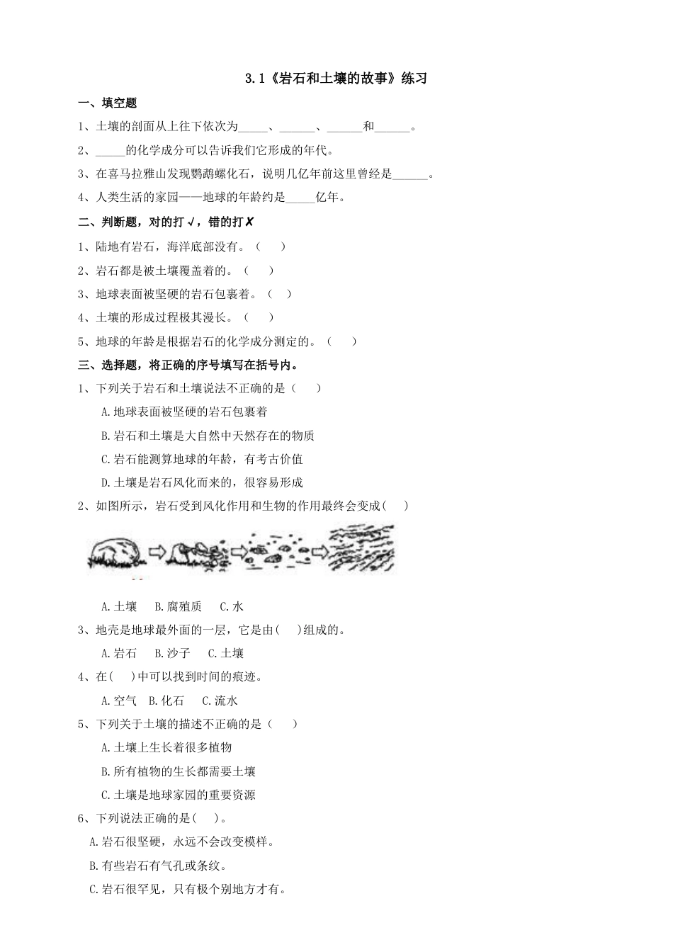 教科版 四年级上册科学-3.1《岩石和土壤的故事》练习.doc_第1页