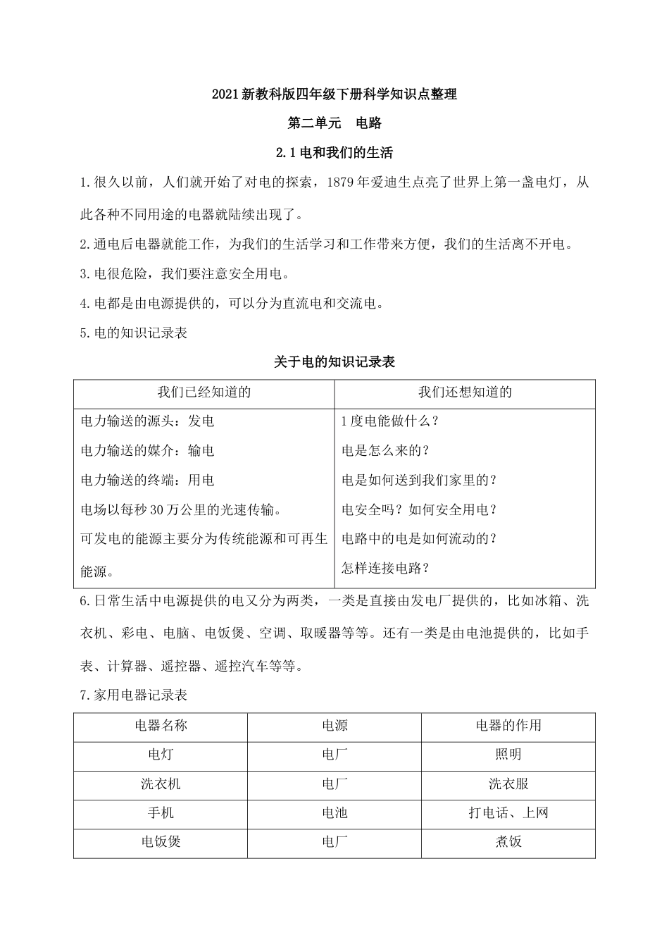 教科版 四年级上册科学-第二单元知识点总结.docx_第1页