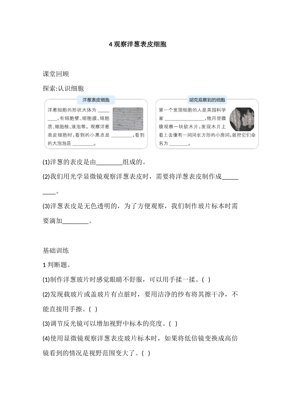 六年级上册科学1.4 观察洋葱表皮细胞 课时练（含答案）.docx_第1页