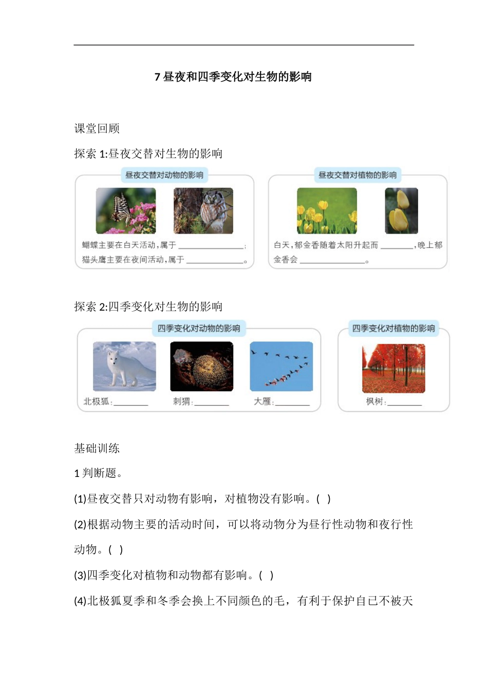 六年级上册科学2.7 昼夜和四季变化对生物的影响 课时练（含答案）.docx_第1页