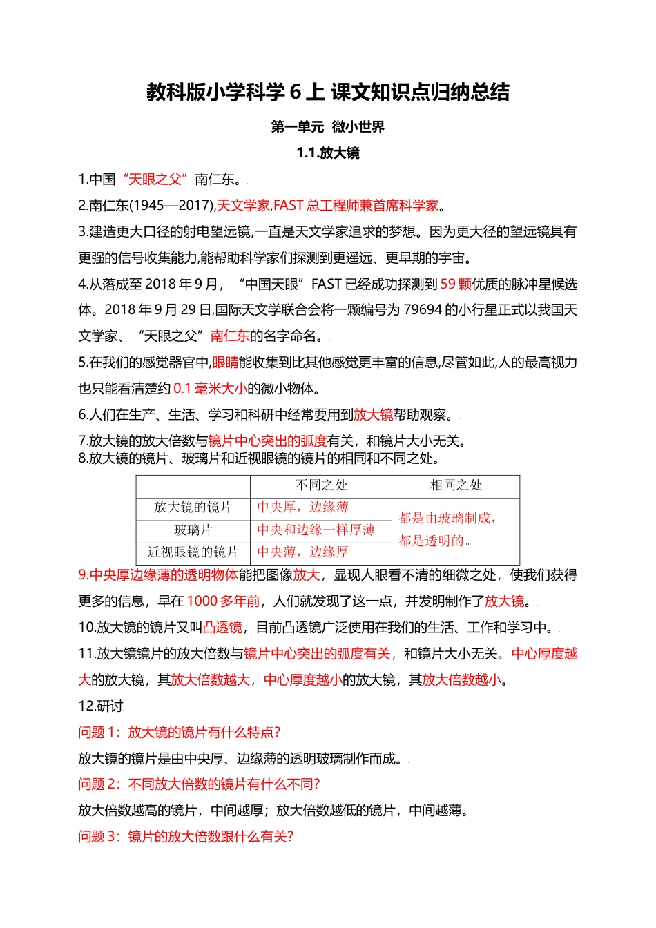 教科版小学科学6上 课文知识点归纳总结（67页）.docx_第1页