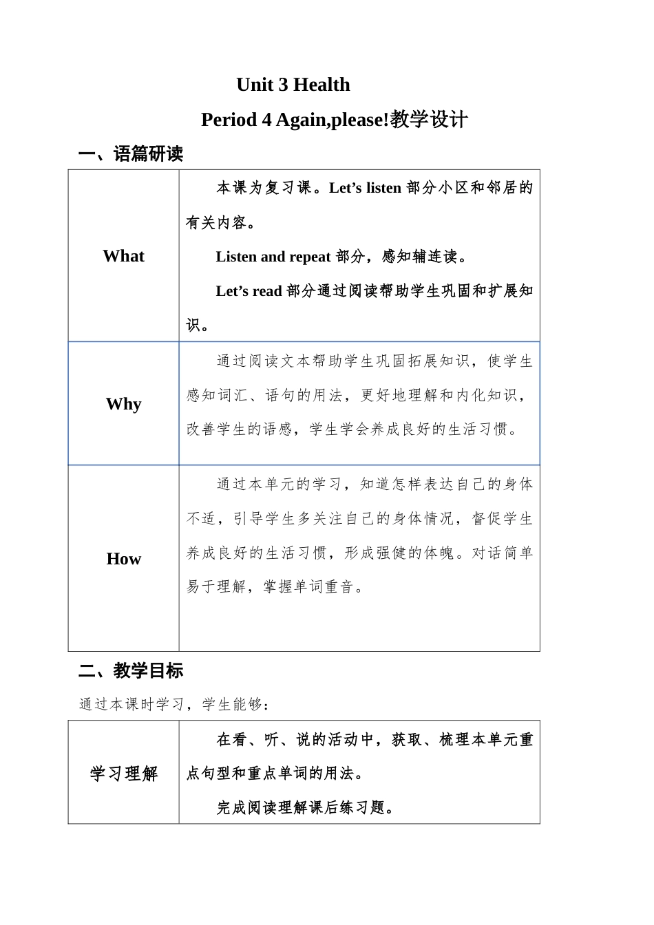 小学五年级下册（鲁科版）英语-Unit 3 Health Period 4 Again,please!（教案） .docx_第1页